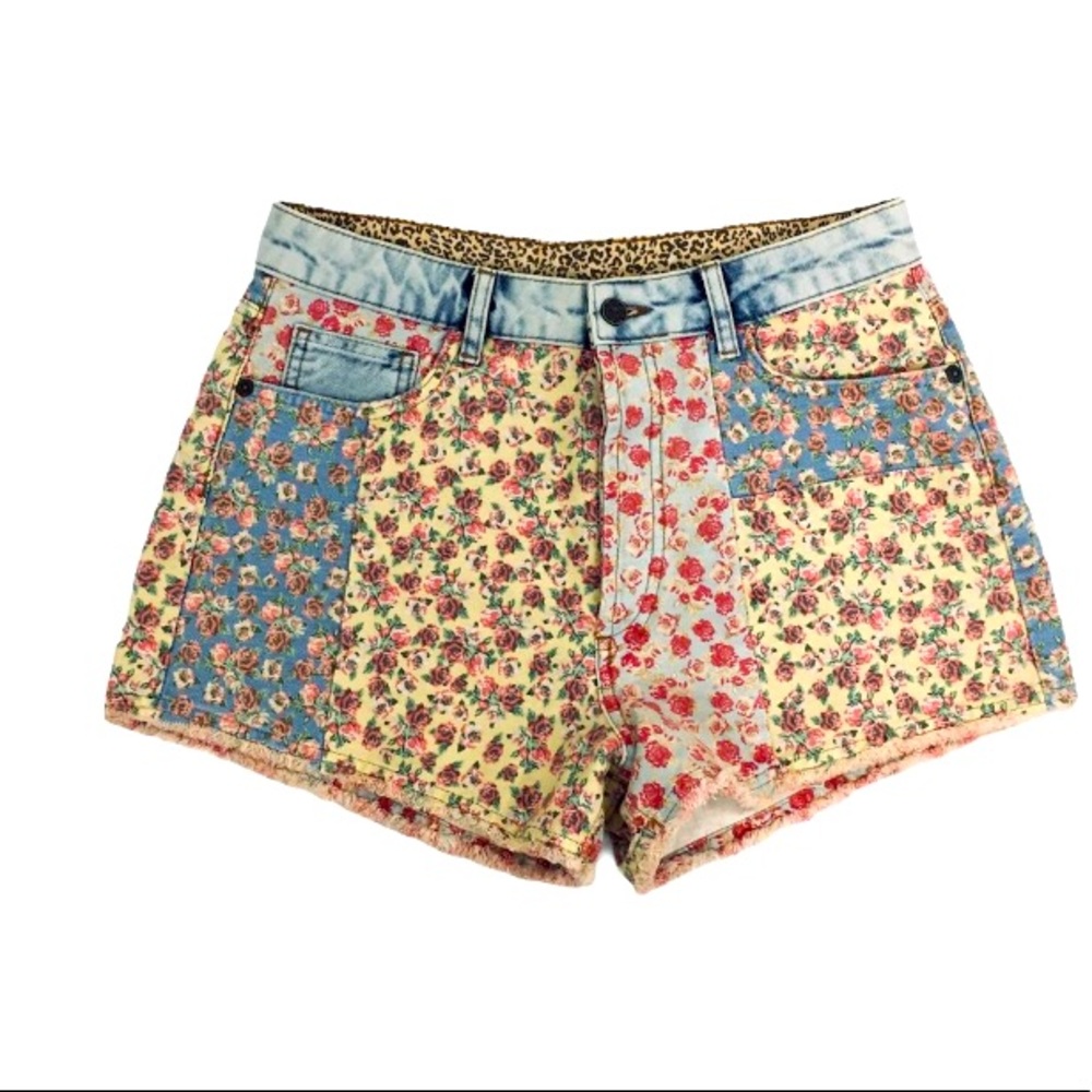 FARM Rio Floral Patchwork Denim Shorts in Blue, Yellow, and Pink
